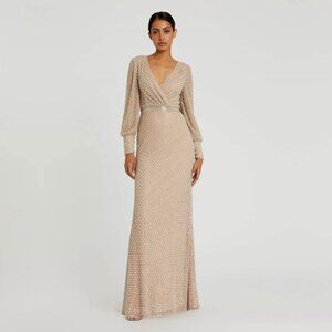 NWT Mac Duggal Wrap Over Bishop Sleeve Gown With Pearl Beading Ivory Nude #9865